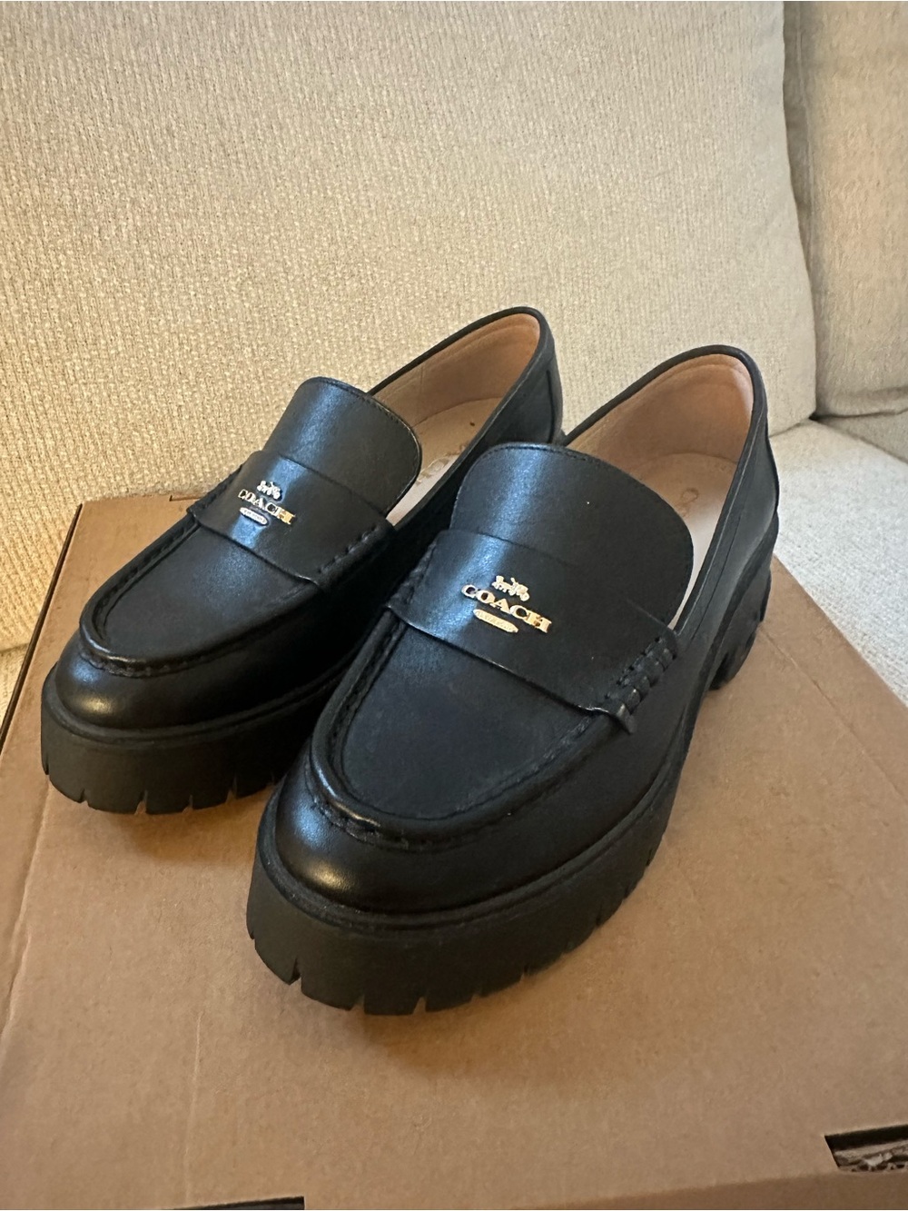 Coach Black Leather Penny Loafers with Gold Logo - Picture 2 of 9